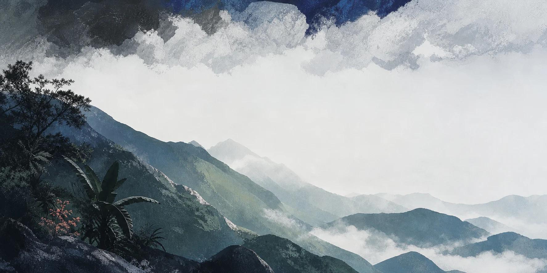 Painted highland landscape with layered green mountains and clouds