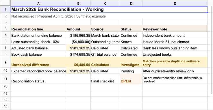 Example Q1 cash reconciliation workpaper